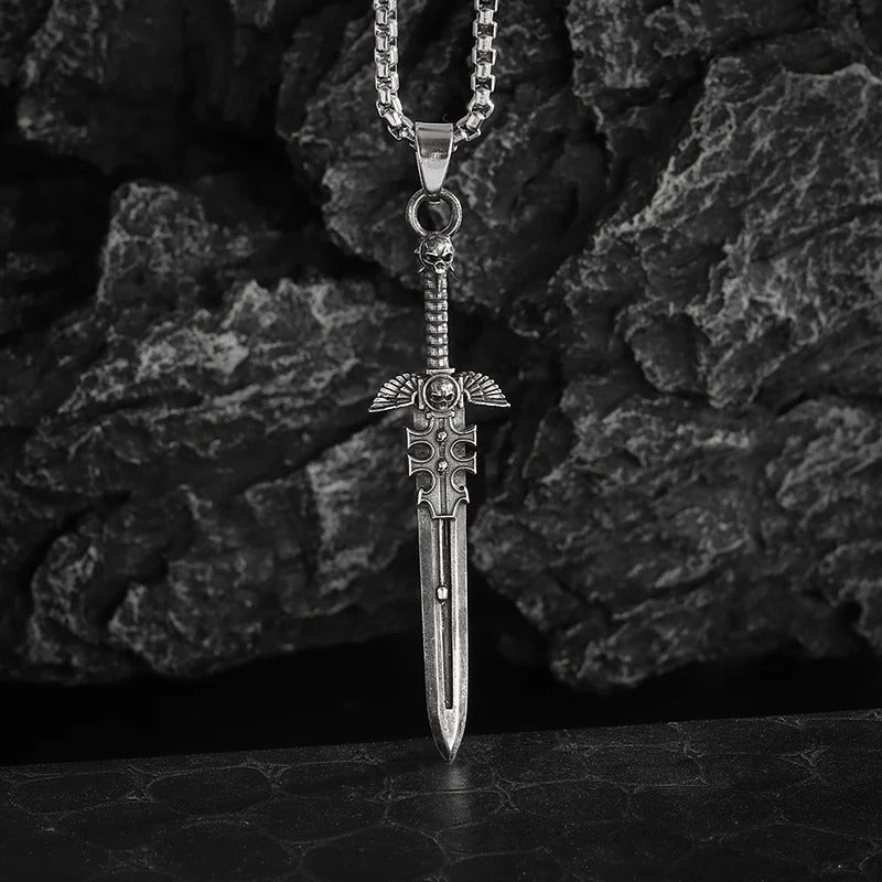 Retro Gothic Skull Angel Holy Sword Pendant Necklace for Men