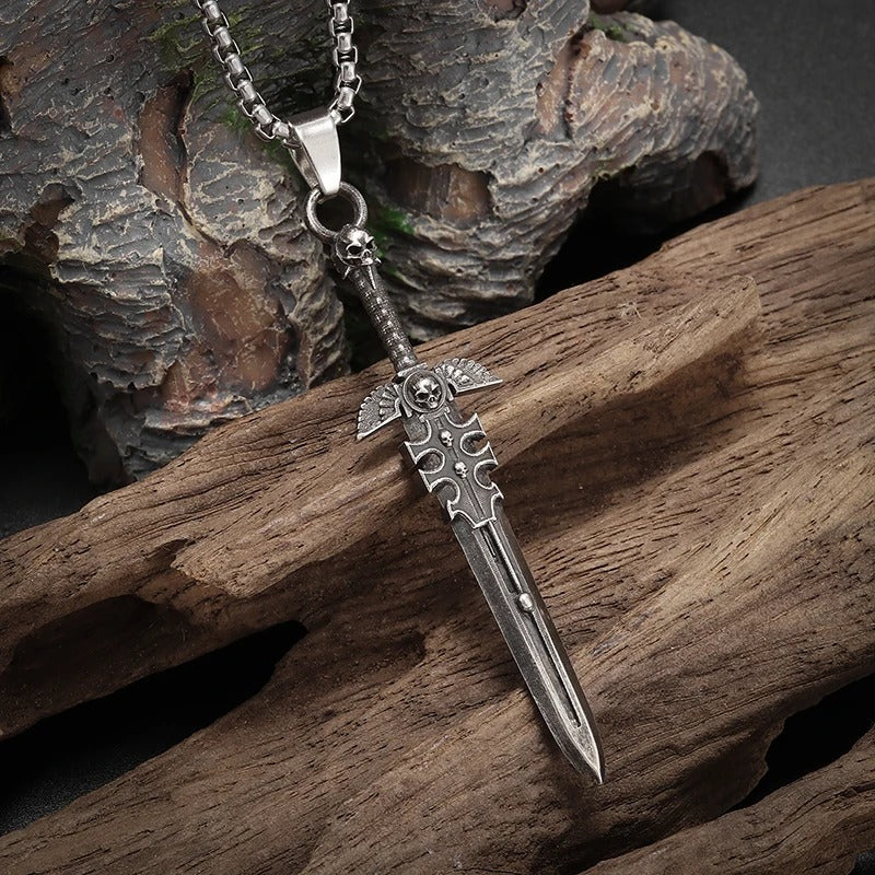 Retro Gothic Skull Angel Holy Sword Pendant Necklace for Men